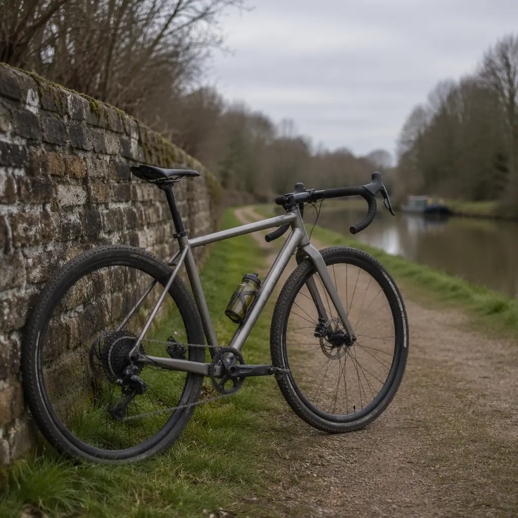 Drop‑bar gravel bike parked on a UK canal towpath with wide tyres and disc brakes