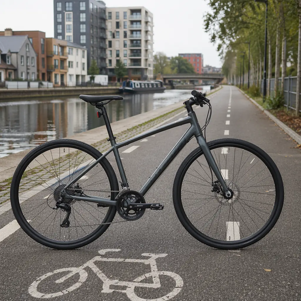 A modern flat-bar hybrid bike paused beside a UK canal towpath