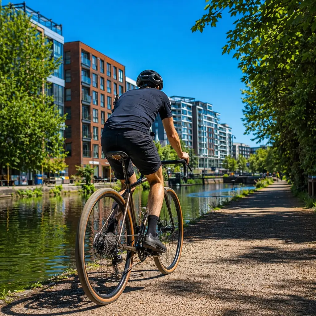 All-road drop-bar bike on a sunny UK canal towpath with a rider silhouette from behind
