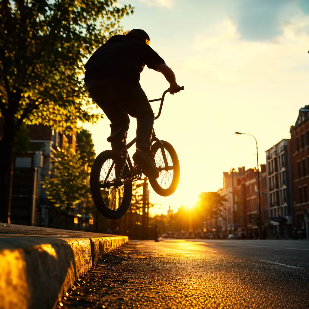 Silhouetted rider on a classic-style BMX at sunset, capturing retro BMX energy