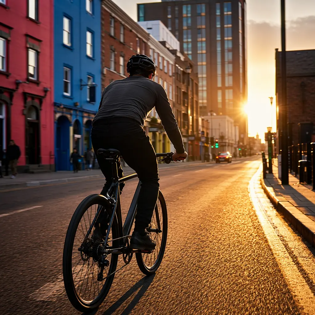 A flat-bar fitness hybrid bike ridden through a sunlit city street at speed, viewed from behind.