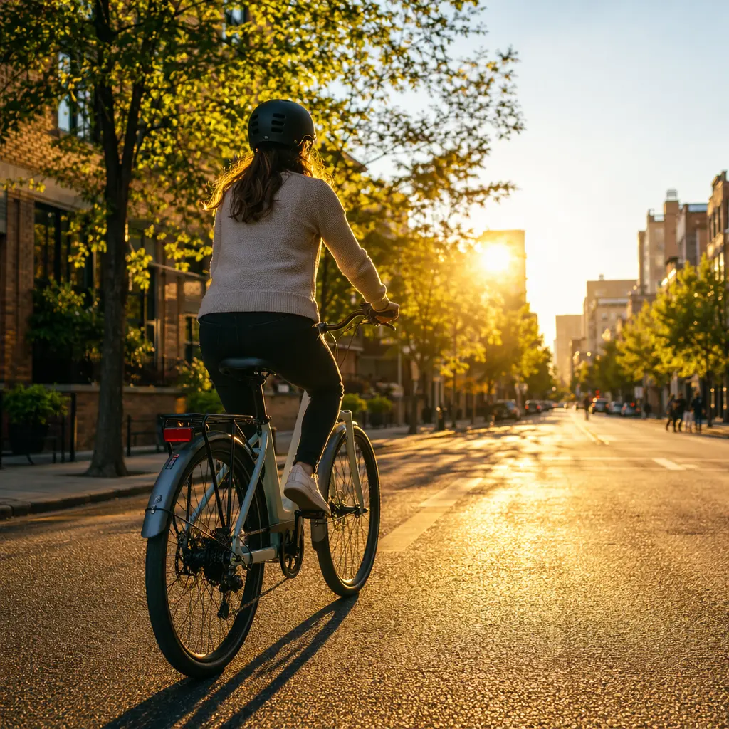 A step-through electric commuter bike being ridden through a sunny city street at golden hour.