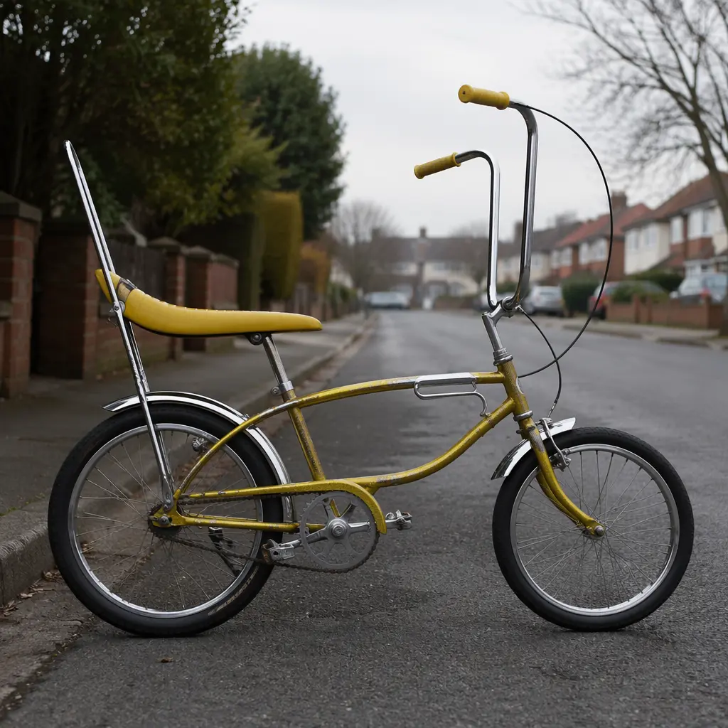 A classic banana-seat bicycle with high handlebars parked on a UK residential street.