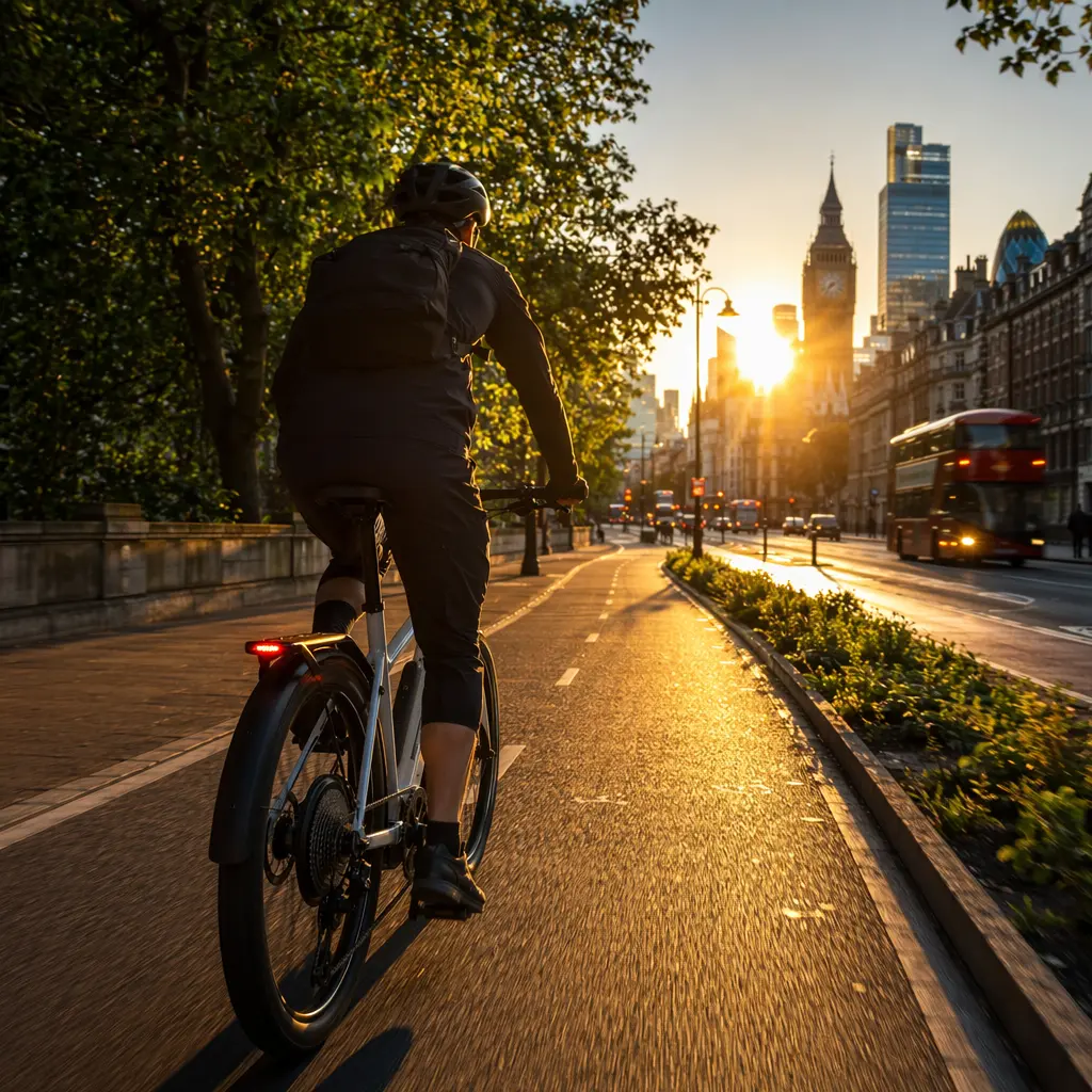 A sporty electric hybrid bike being ridden quickly along a bright city cycle lane at golden hour.