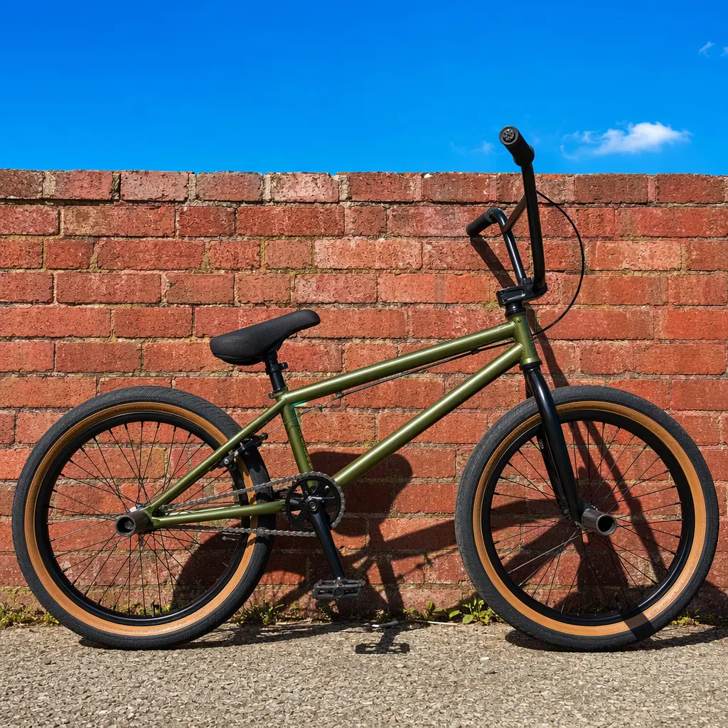 Side view of a chunky BMX-influenced bike under a bright blue summer sky