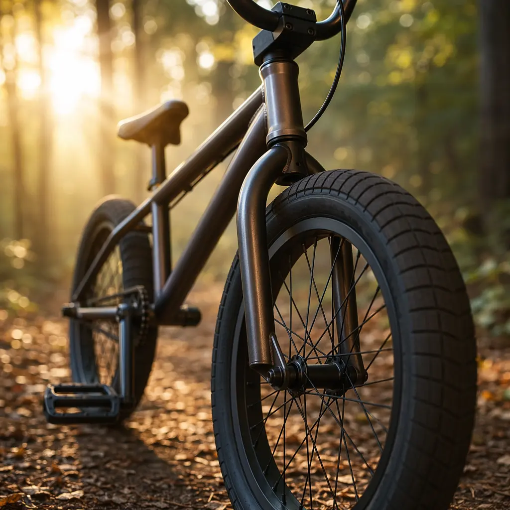 Close-up of wide tyres and steel fork on a BMX-style bike in warm woodland light