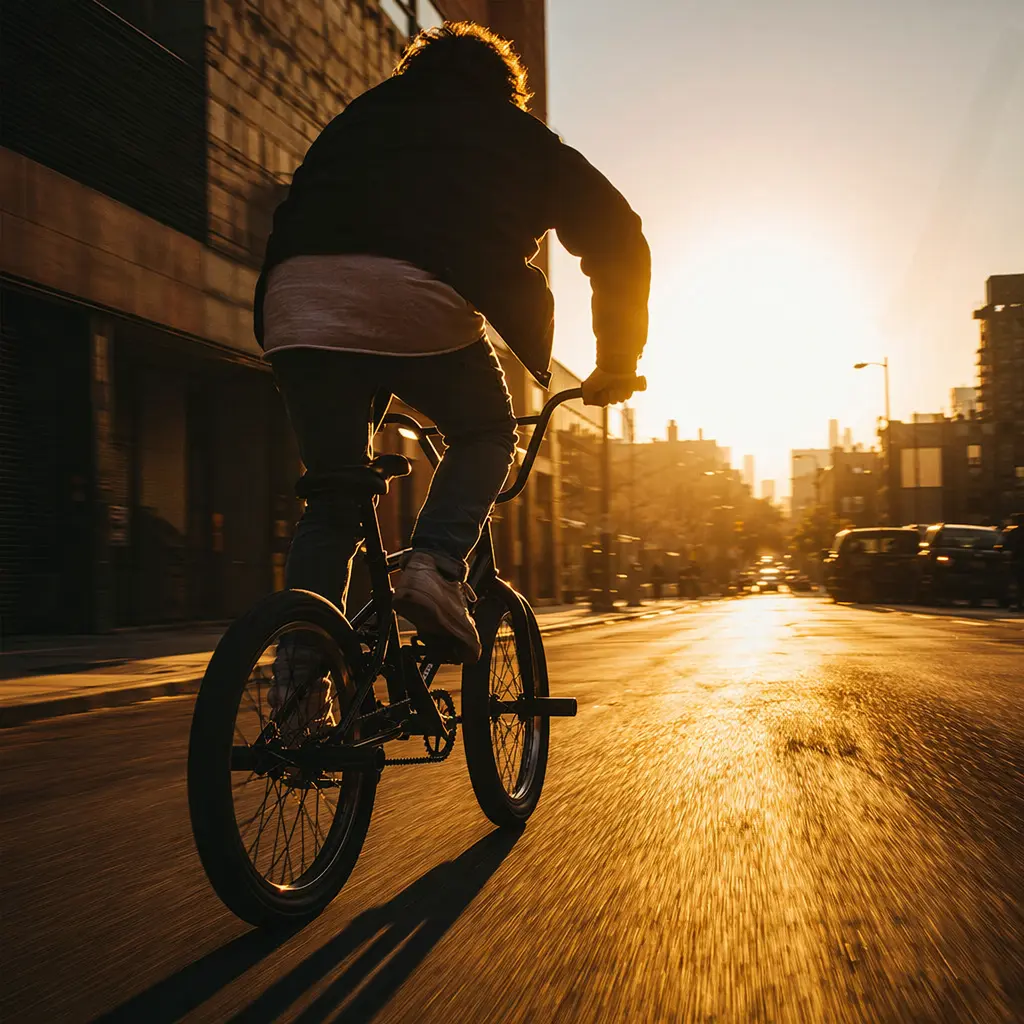 Silhouette of a chunky BMX-style bike riding through a sunlit UK street at golden hour