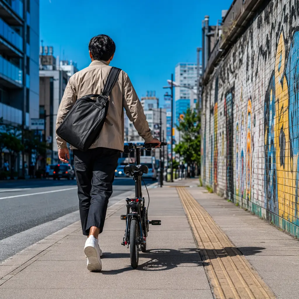 A compact folding bike being wheeled along a bright UK city street in summer light