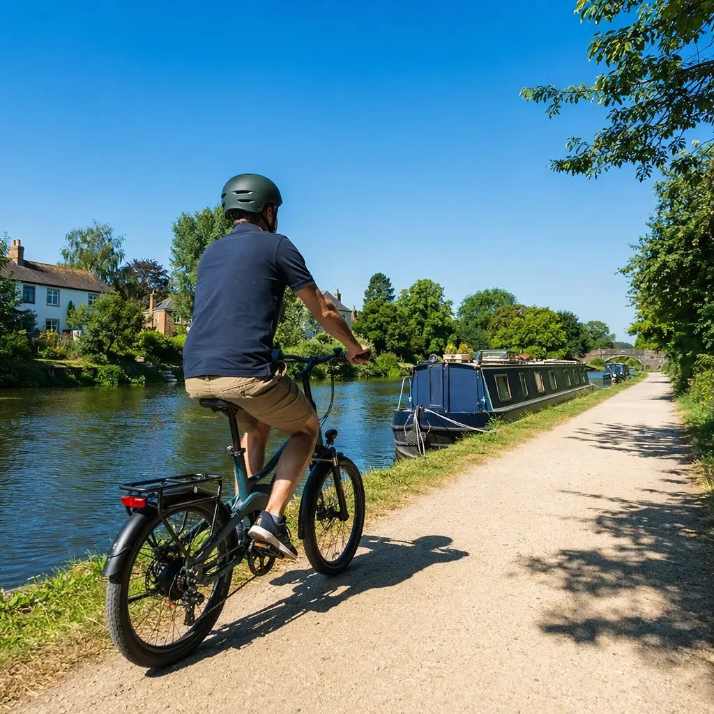 Upright electric commuter bike on a sunny canal towpath