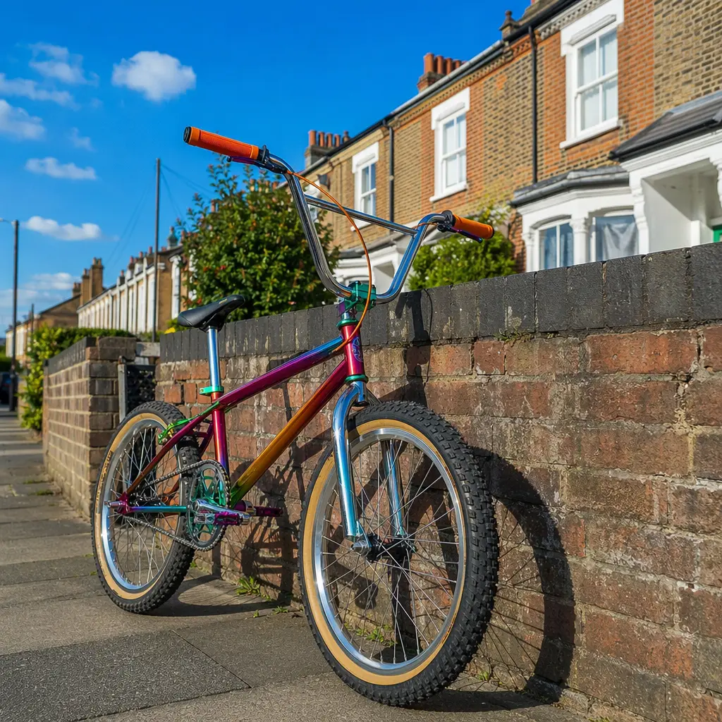 Classic BMX bike under a bright blue sky on a UK street