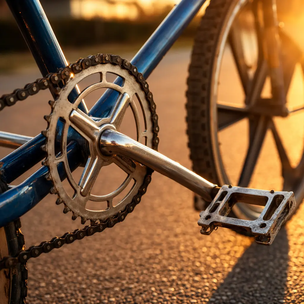Close-up of vintage BMX drivetrain in warm evening light