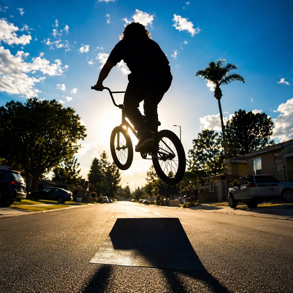 Silhouette of a rider on a classic BMX jumping on a sunny UK street