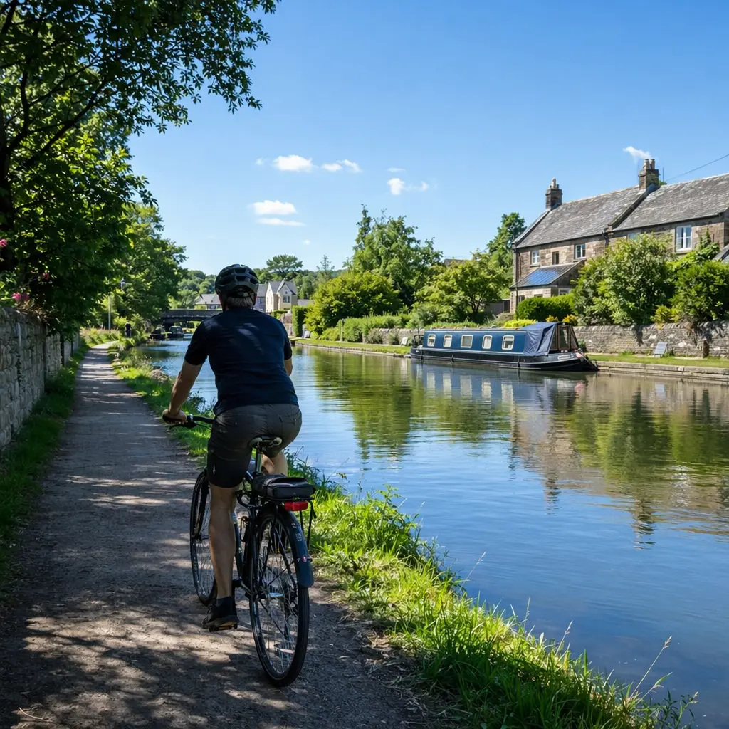 An upright hybrid bicycle being ridden along a sunny UK canal towpath