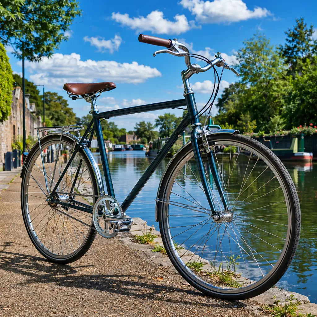 A classic upright city bike by a canal on a bright summer day