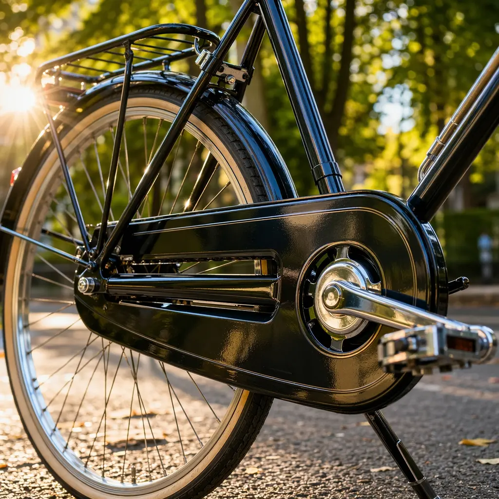 Close-up of an enclosed chaincase and rear rack on an upright steel bike