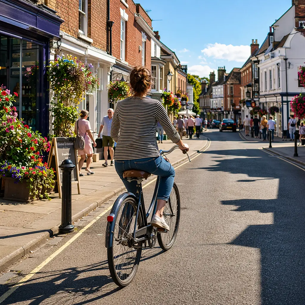 An upright steel city bike with mudguards and rack cruising along a sunny UK street