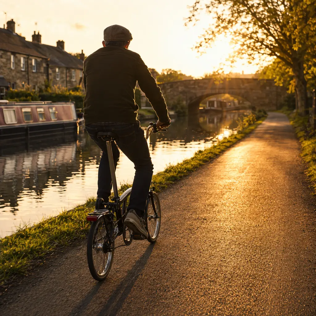 A classic small‑wheel folding bike being ridden along a canal towpath in warm evening light