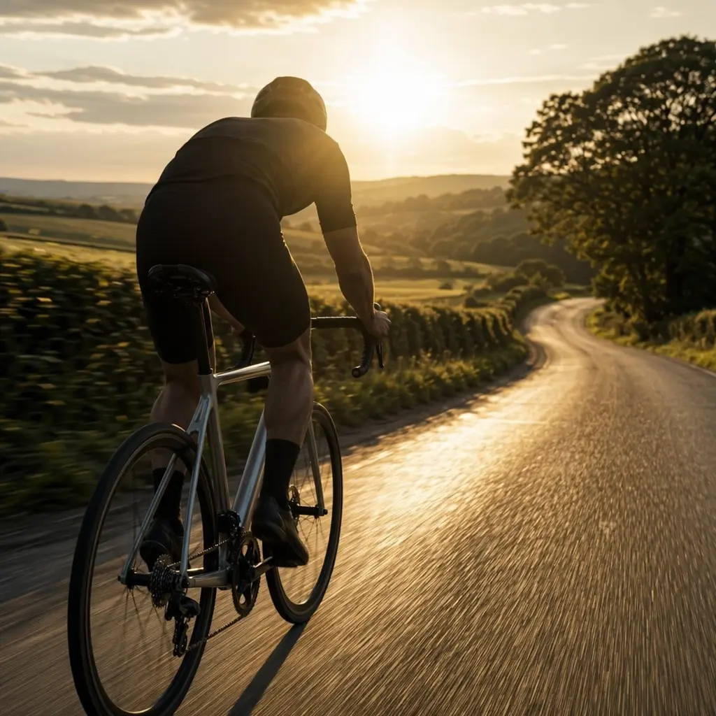A modern aluminium road bike ridden at speed on a UK country lane in warm evening light.