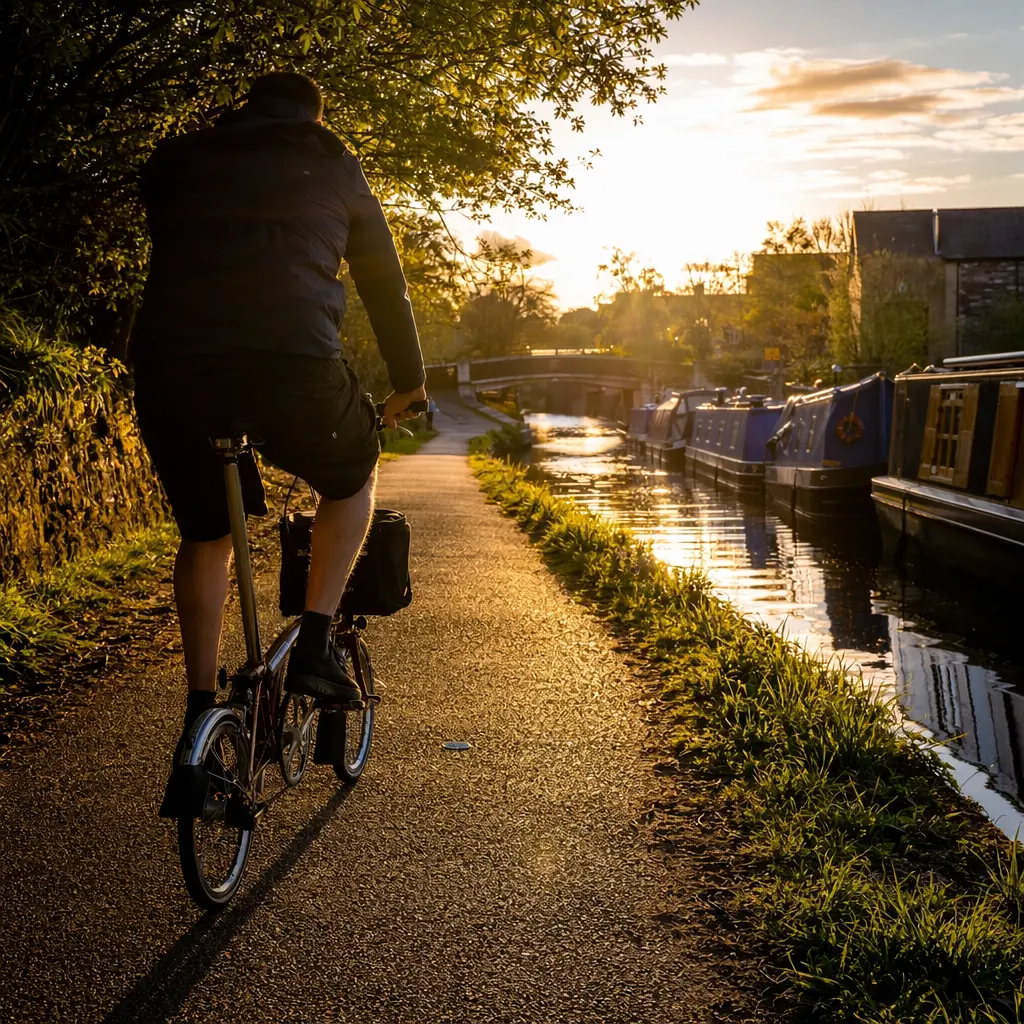 A classic small‑wheel folding bike at golden hour on a canal towpath