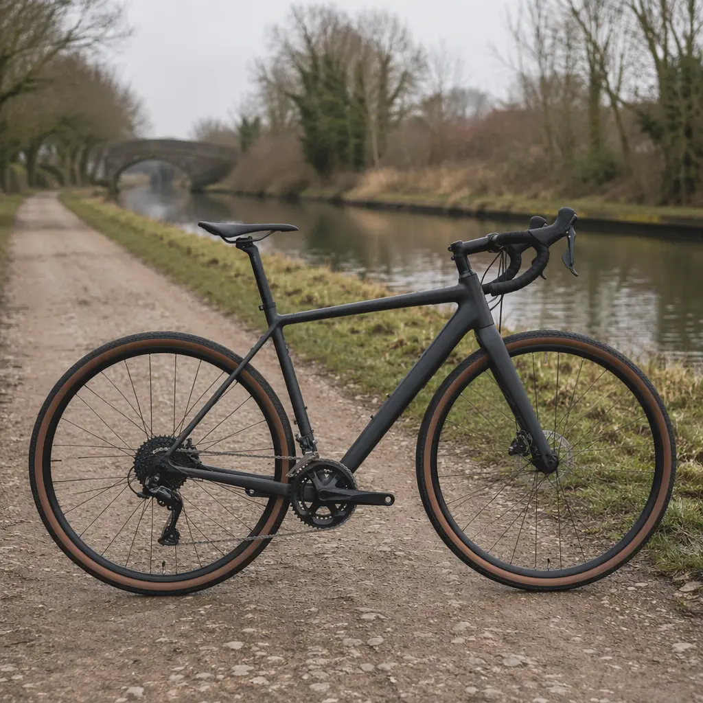 A modern gravel bike parked beside a UK canal towpath
