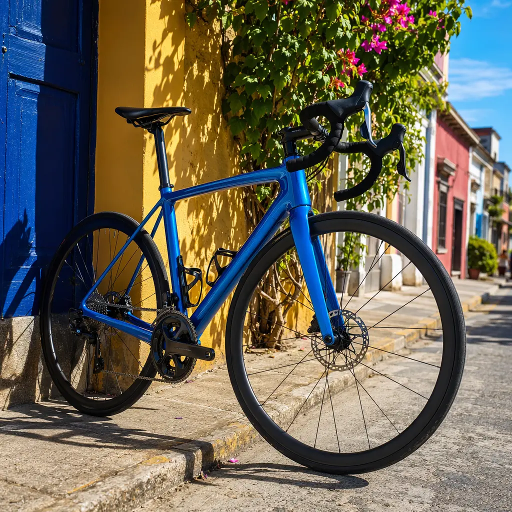Close view of an endurance road bike highlighting relaxed geometry in bright sunlight