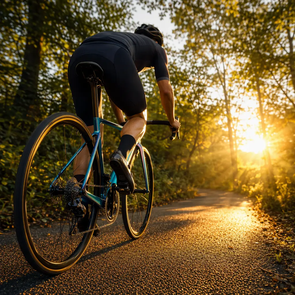 Rear view of an endurance road bike showing wider tyre clearance in woodland light
