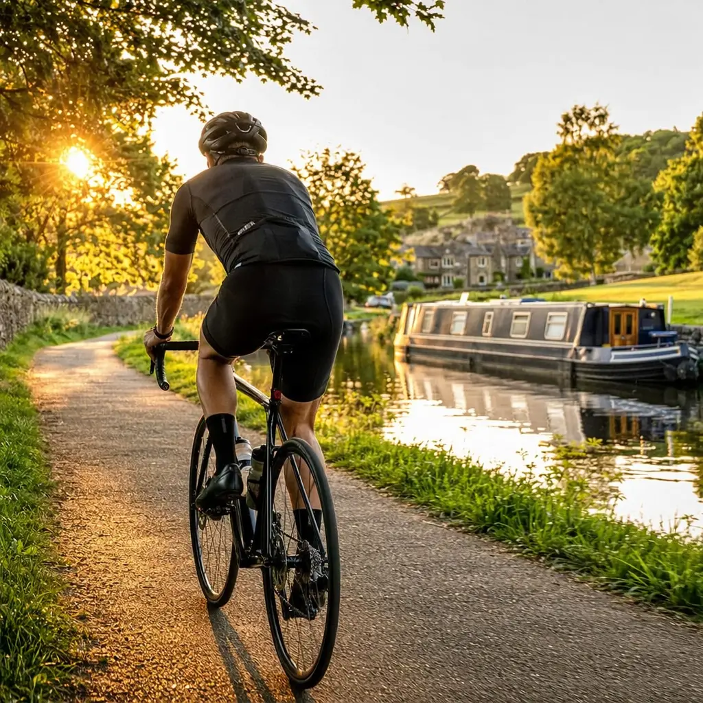 Endurance-style road bike ridden along a canal path in warm golden-hour light
