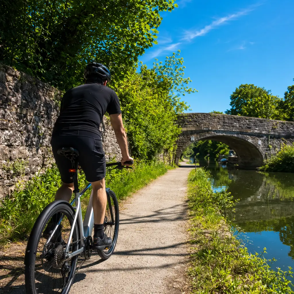 Electric hybrid bike in motion on a sunny canal path, showing slim frame and upright riding position