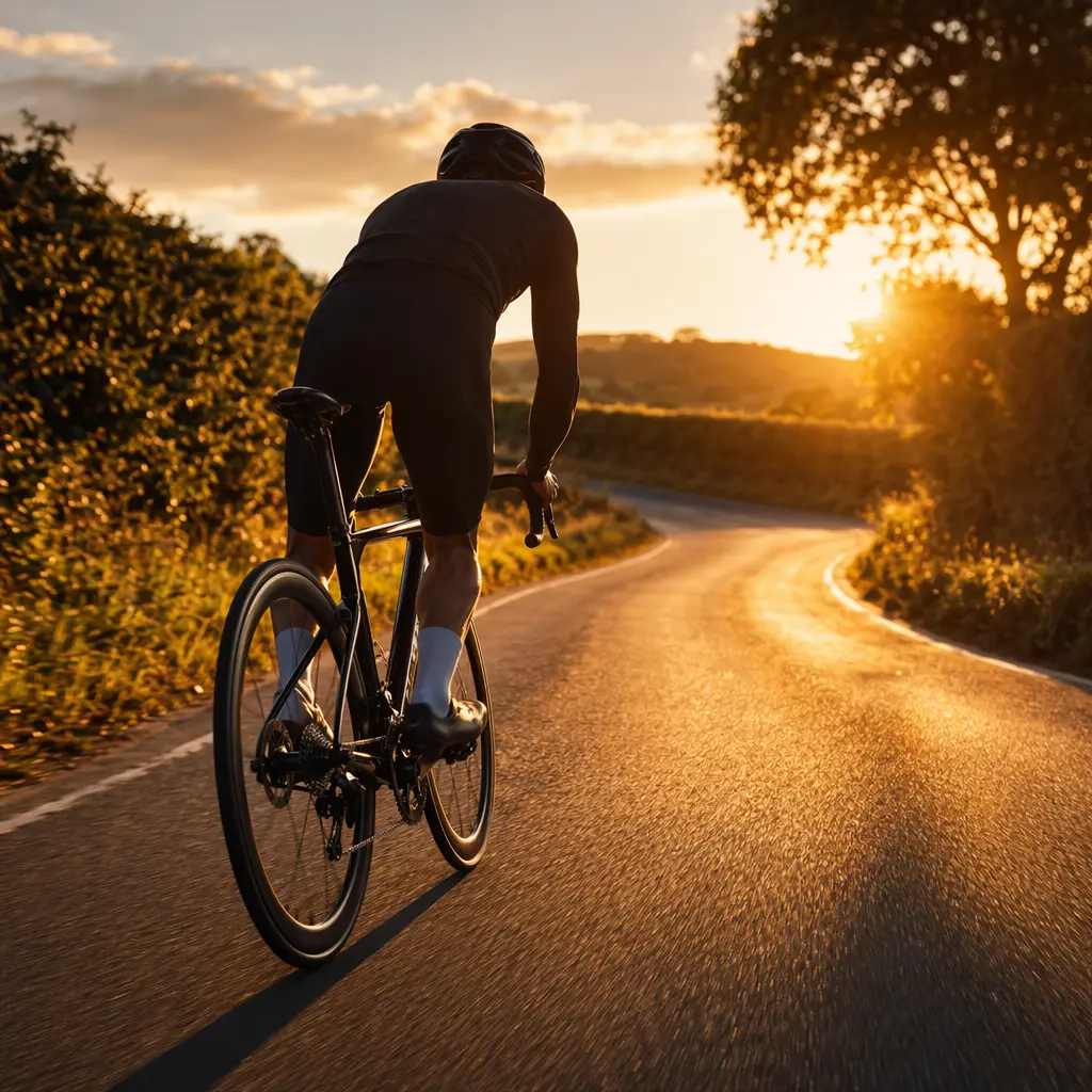 A carbon road bike ridden briskly along a sunlit country lane at golden hour.