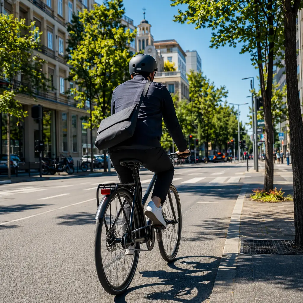 A clean, modern belt‑drive city bike cruising along a bright urban street in warm sunlight.