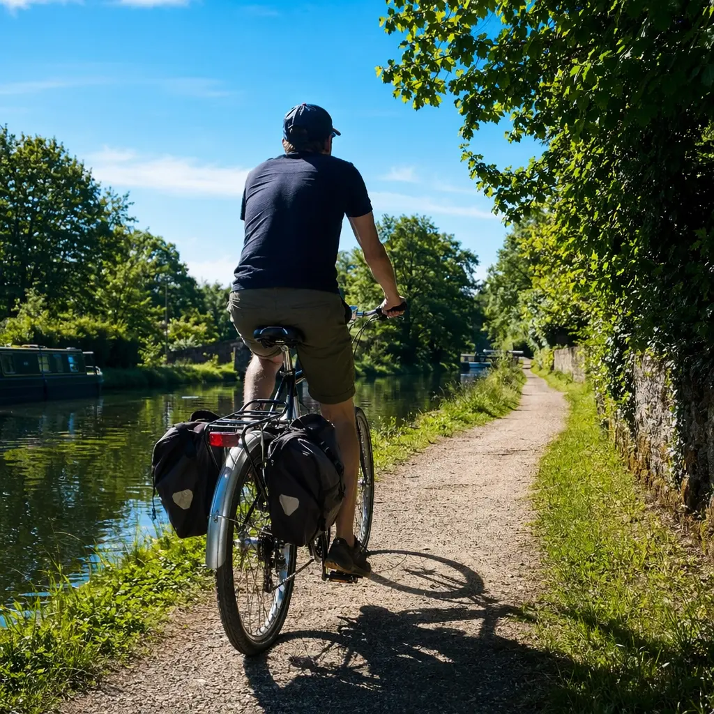 A loaded steel touring bike cruising a sunlit canal path under a blue sky