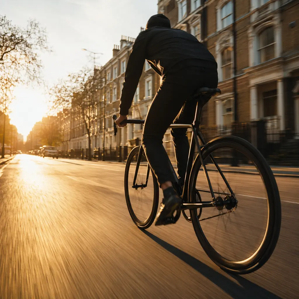 A flat-bar road-style bike being ridden quickly along a sunlit city street at golden hour