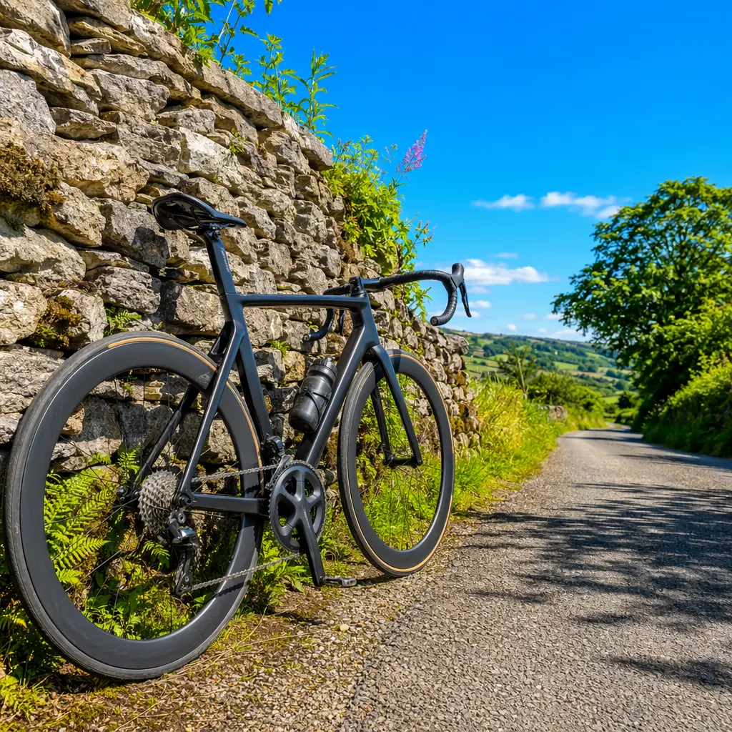 High-end road bike resting on a sunny rural lane