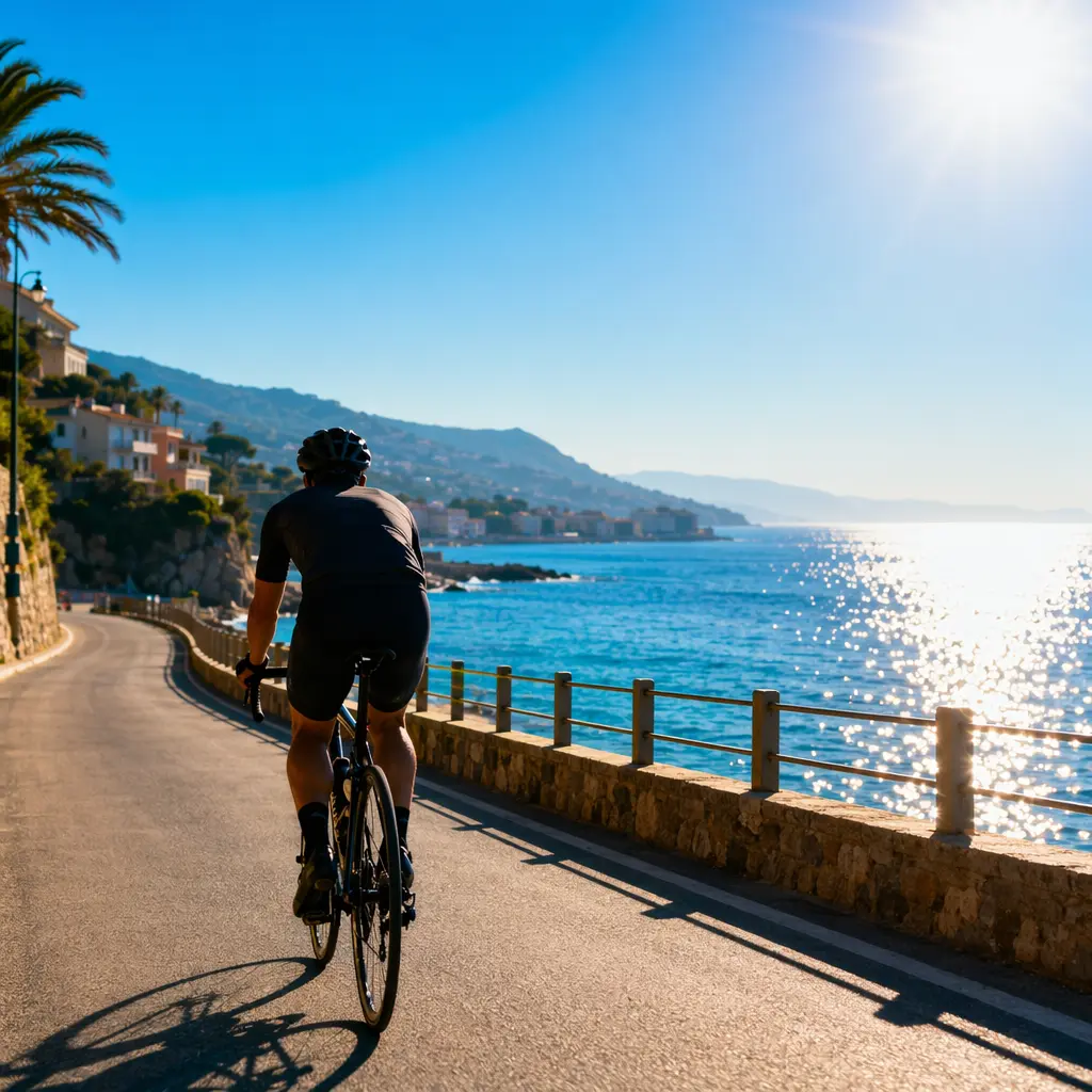 Leisure cyclist riding a road bike along a sunny seafront