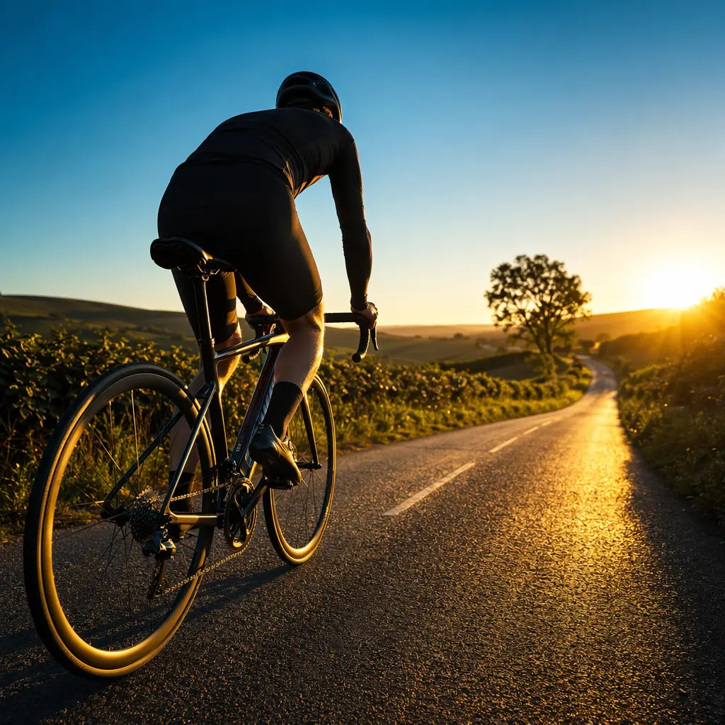 Premium road bike on a sunlit country lane during golden hour