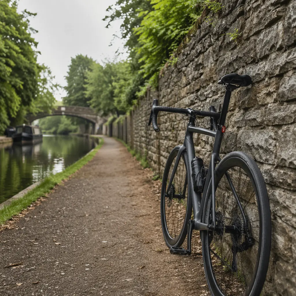 Road bike by a UK canal towpath in soft natural light