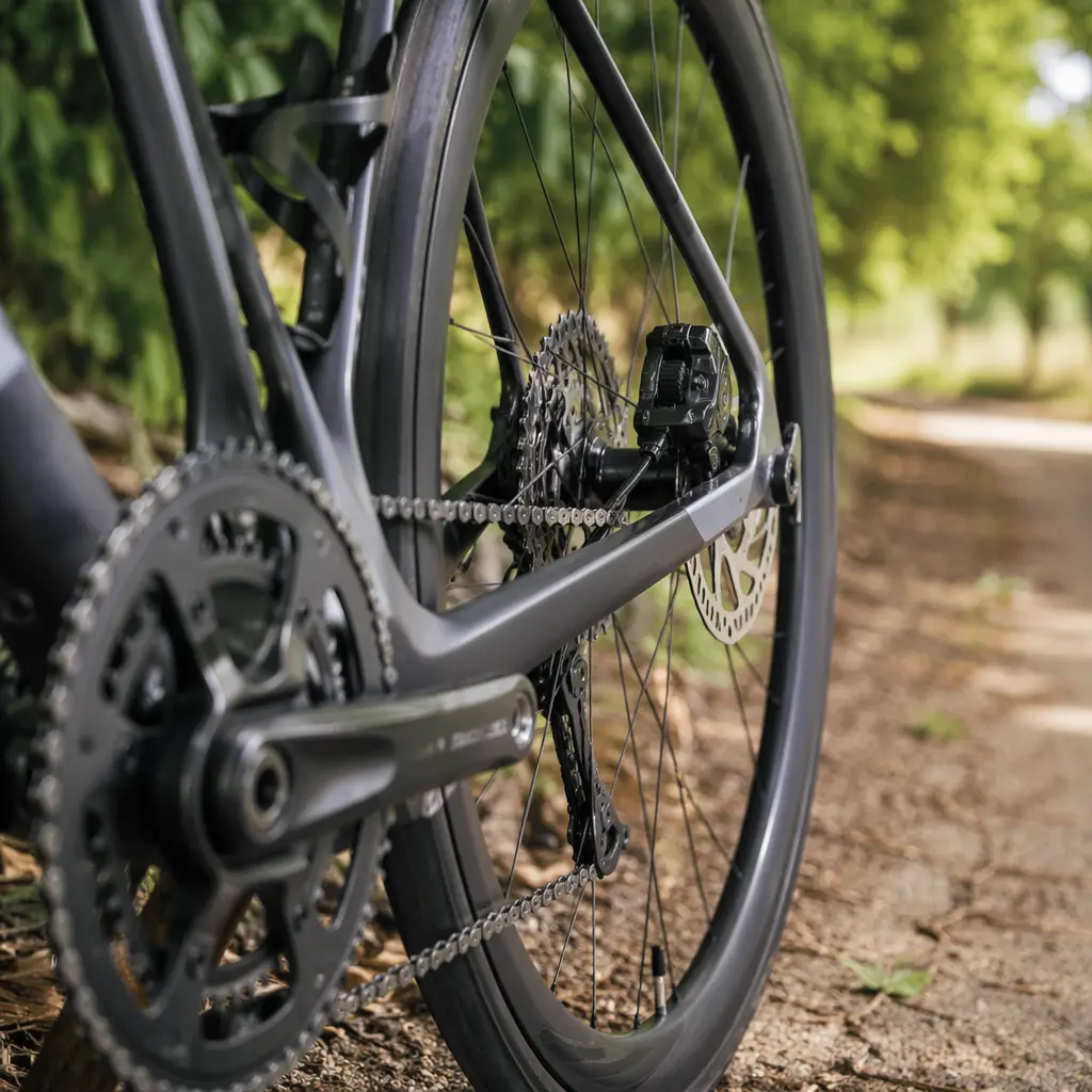 Close-up of road bike gears and disc brake in a UK setting
