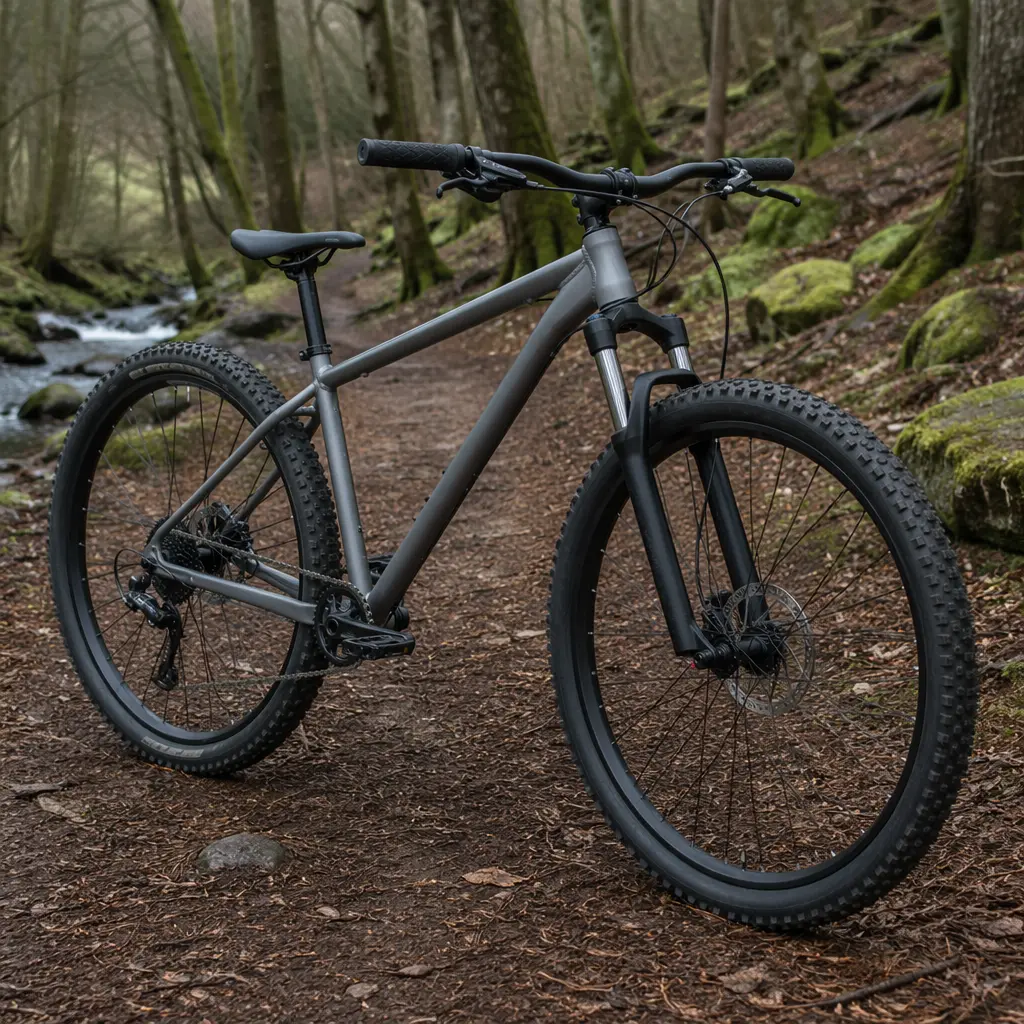 An entry-level hardtail mountain bike on a woodland trail in the UK