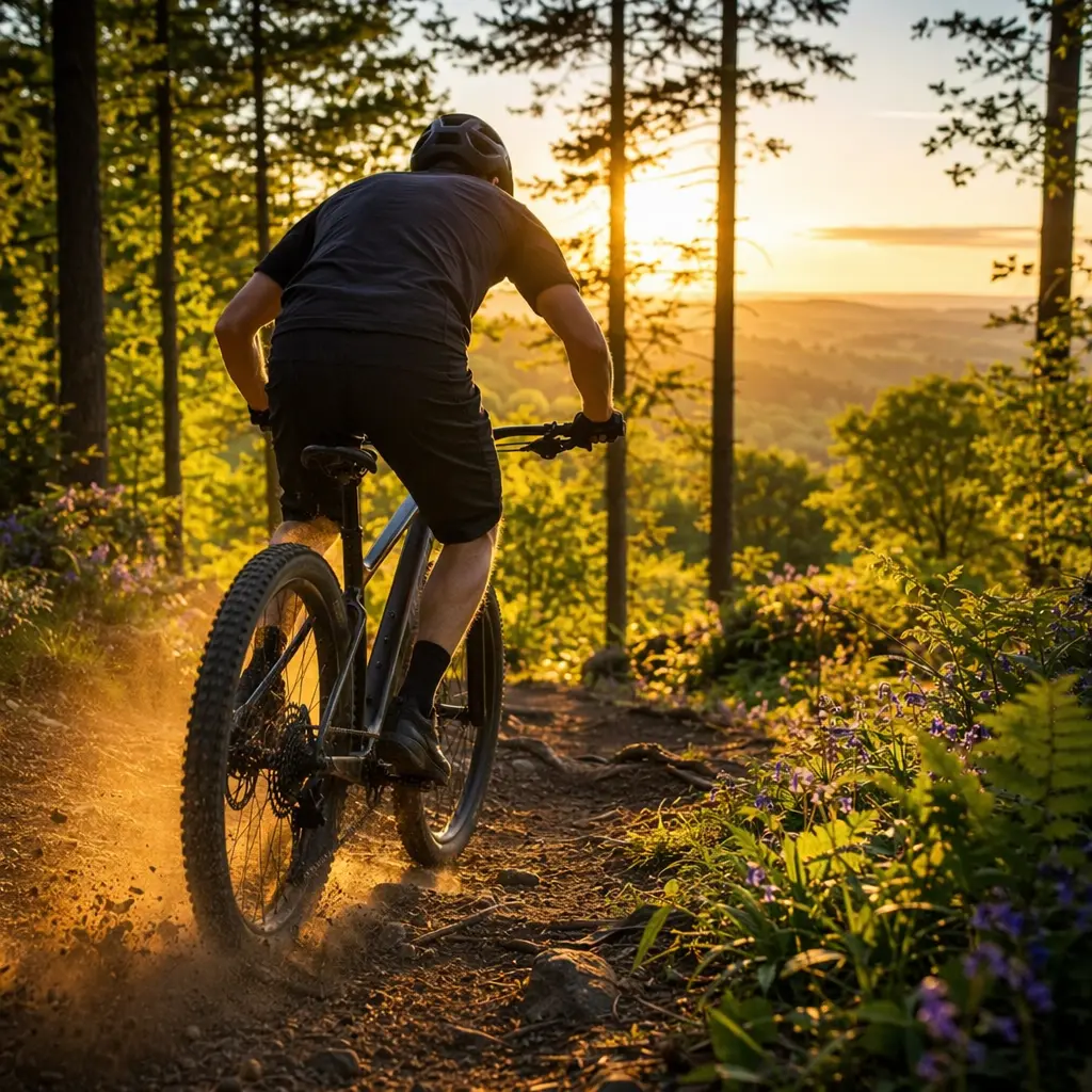 A cross-country hardtail mountain bike ridden through sunlit woodland at golden hour
