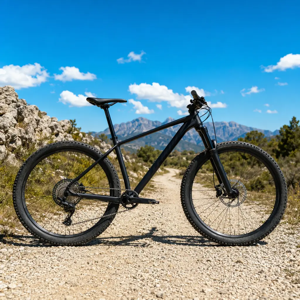 Side view of a hardtail mountain bike under a bright blue sky