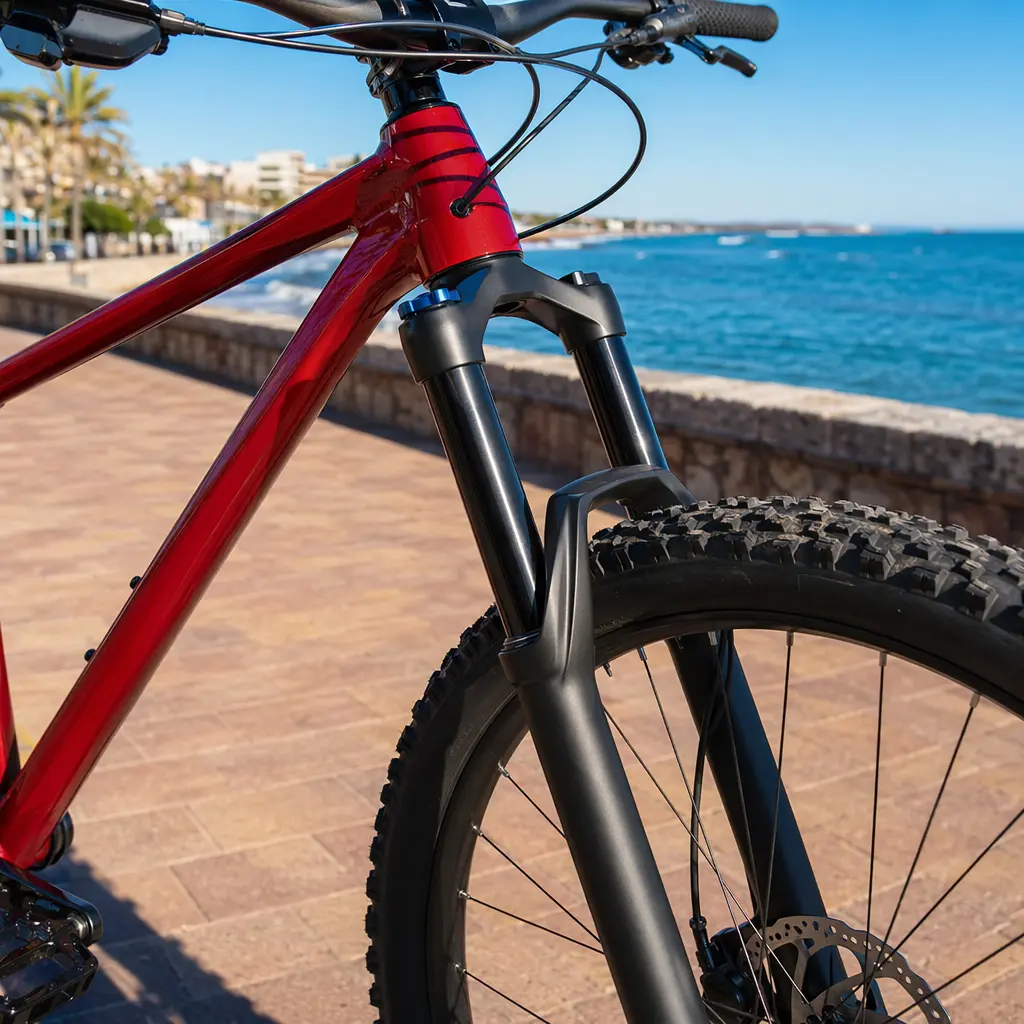 Close-up of a hardtail mountain bike frame and fork in bright coastal light