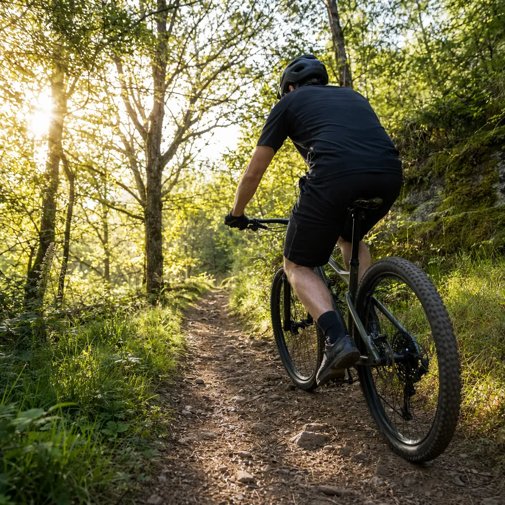A hardtail mountain bike on a bright woodland trail in warm morning light