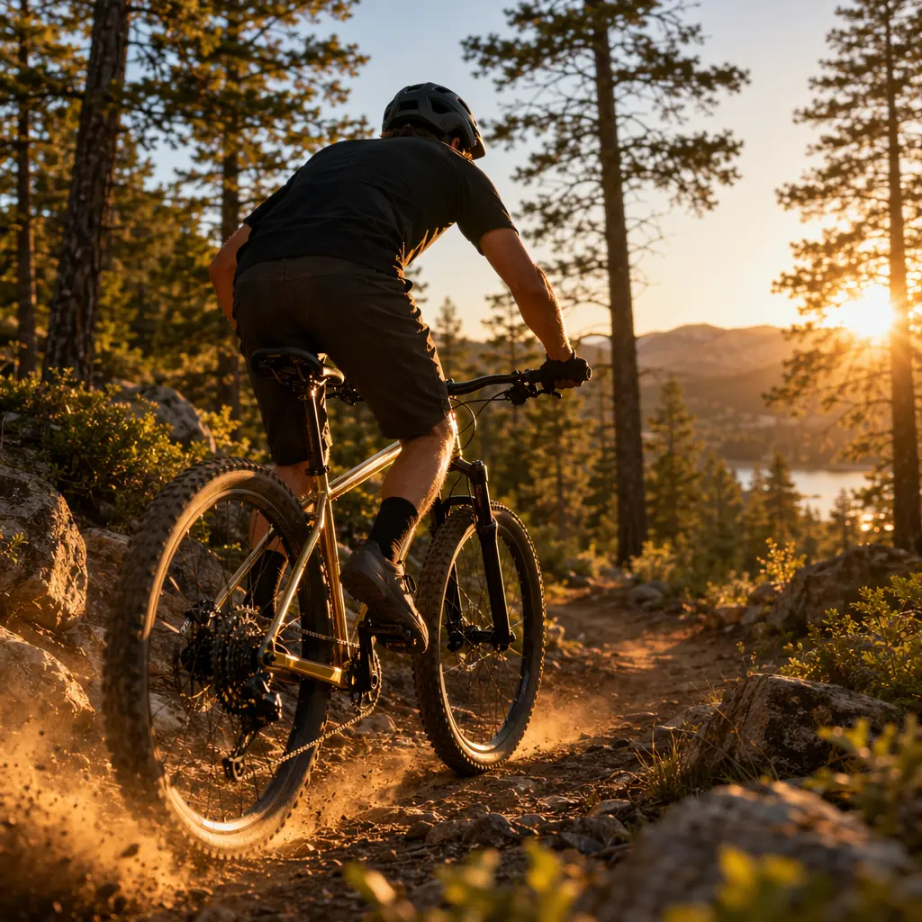 A classic hardtail mountain bike on a sunlit woodland trail at golden hour