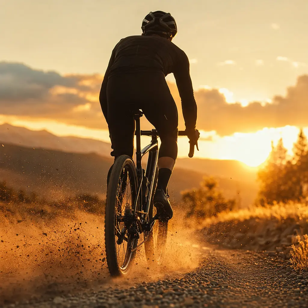 A race-style gravel bike ridden fast along a glowing gravel track at golden hour