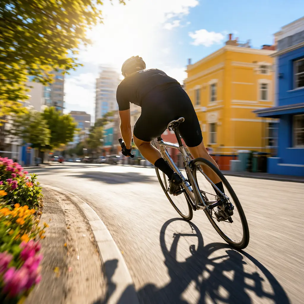 A sleek aluminium road bike cornering on a sunlit city street, captured with dynamic backlighting.