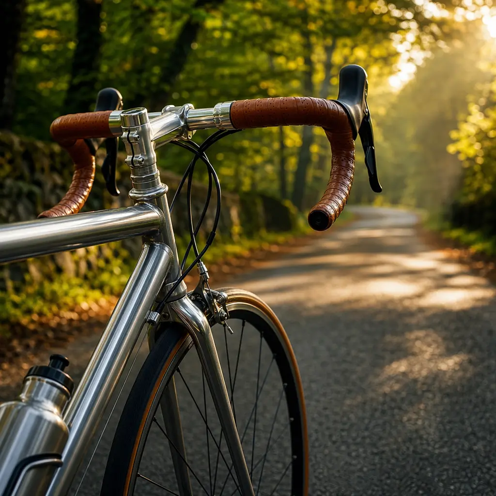 Close-up of an aluminium road bike cockpit in warm morning sunlight on a quiet lane.