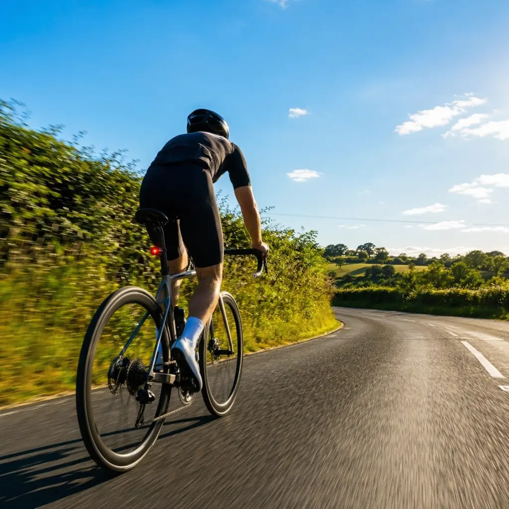 An aluminium road bike ridden on a sunny UK country road, viewed from behind with a bright blue sky.