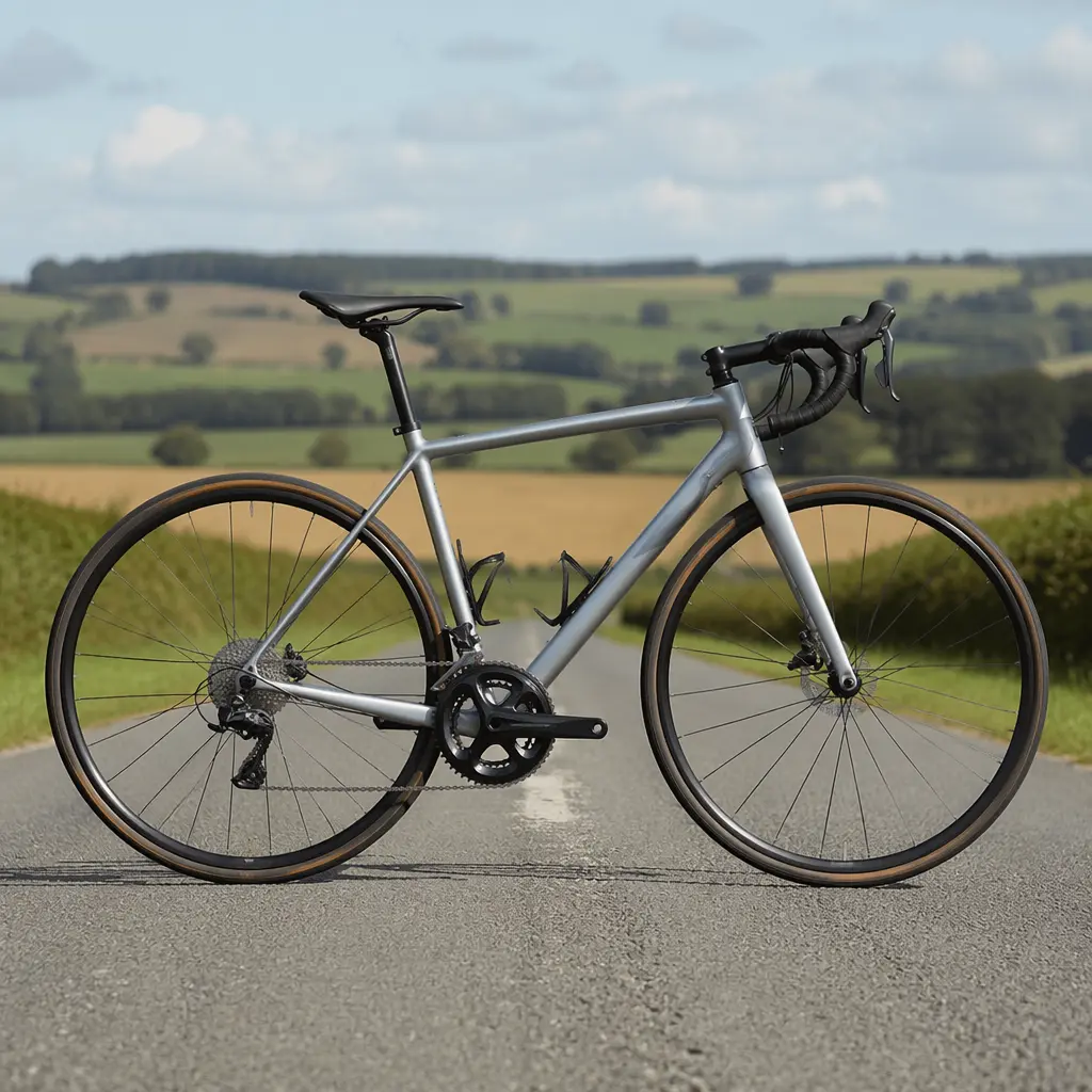 A modern aluminium road bike photographed on a quiet British country lane