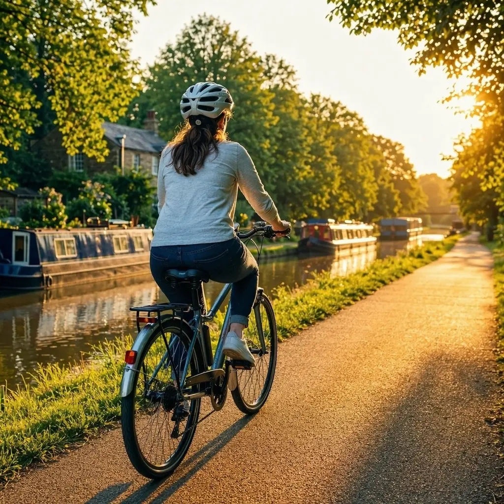 A comfort-focused hybrid bike with an upright riding position cruising a canal towpath in warm evening light