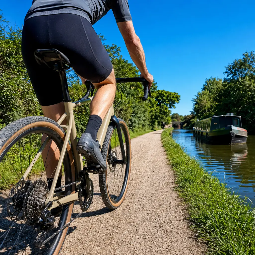 Minimalist gravel bike rolling along a sunny canal towpath